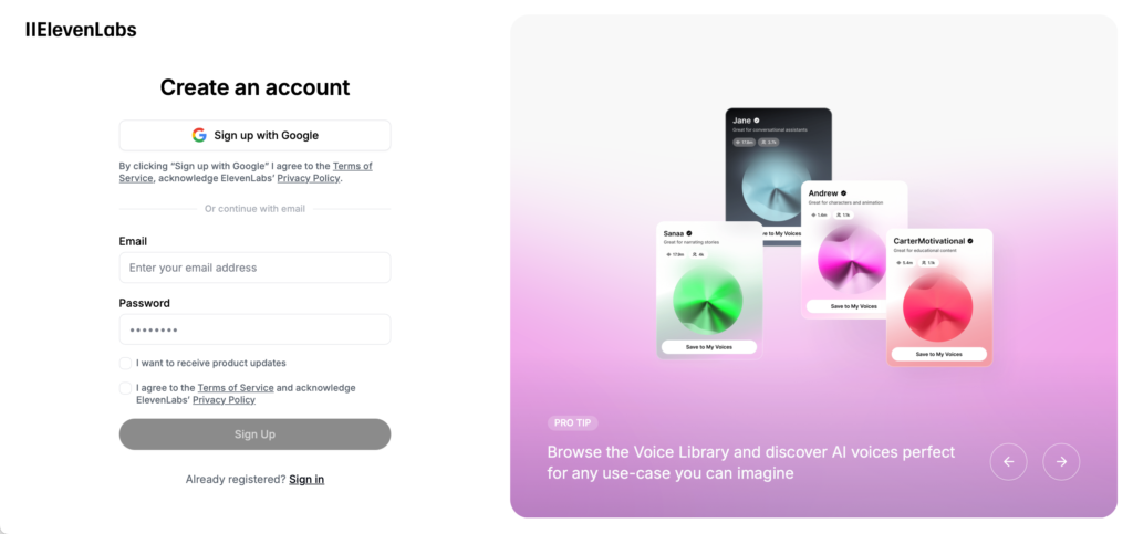 ElevenLabsアカウント作成画面