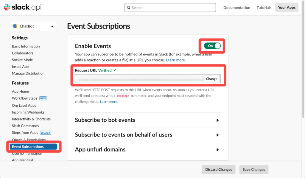 Slack EventSubscriptions画面