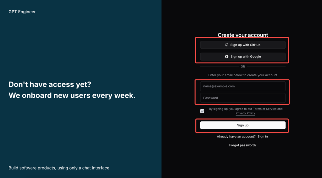 GPT-Engineerのサインアップ画面