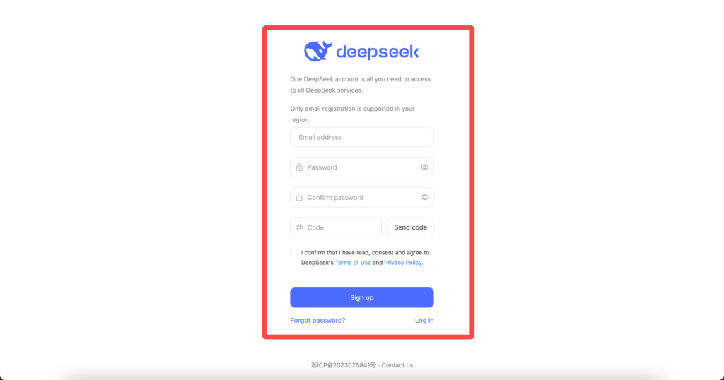 DeepSeekのアカウント作成画面