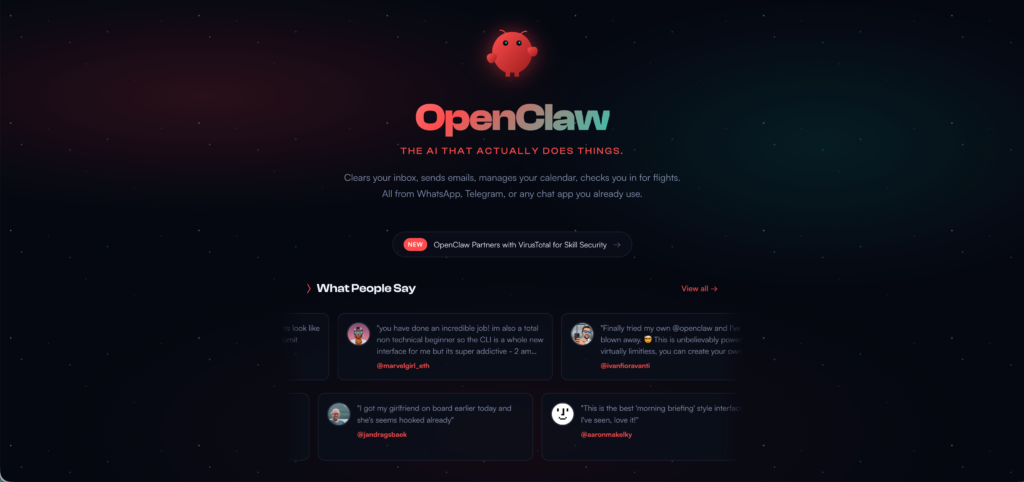 OpenClaw公式サイトのトップ画面