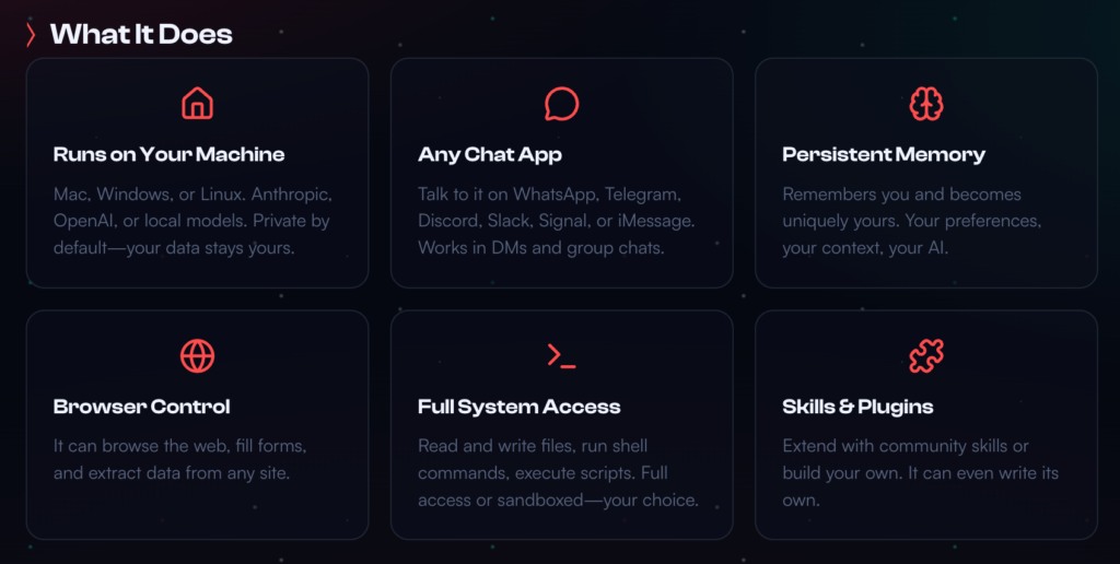OpenClawの公式サイト/機能紹介画面