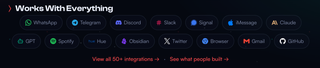 OpenClawの公式サイト/連携アプリ抜粋画面