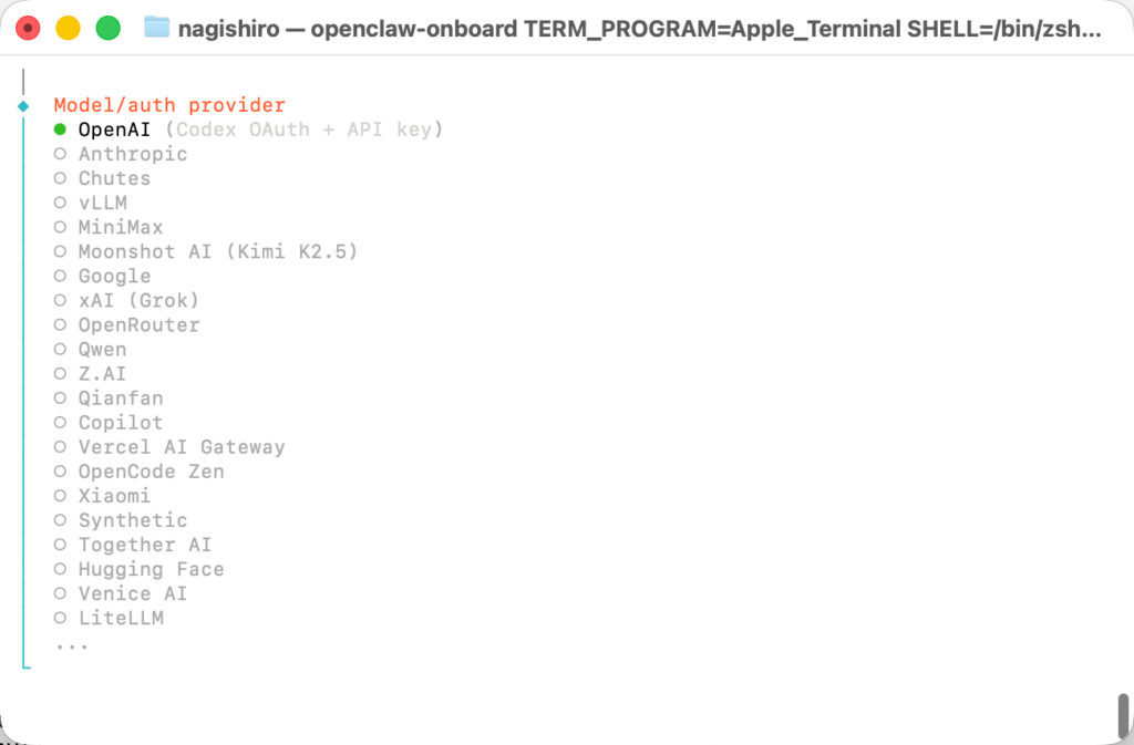 OpenClawで利用するLLMの設定画面