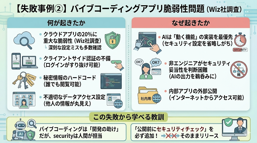 【失敗事例②】 バイブコーディングで作られたアプリの「5つに1つ」に重大な脆弱性（Wiz社調査）の解説画像