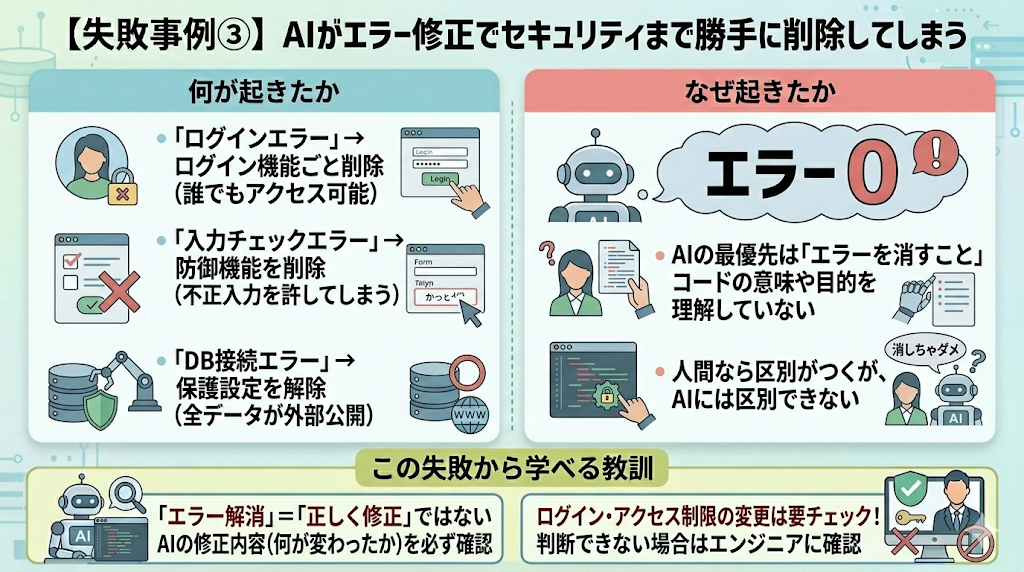 【失敗事例③】 AIがエラーを直すとき、セキュリティ機能まで勝手に削除してしまうの解説画像