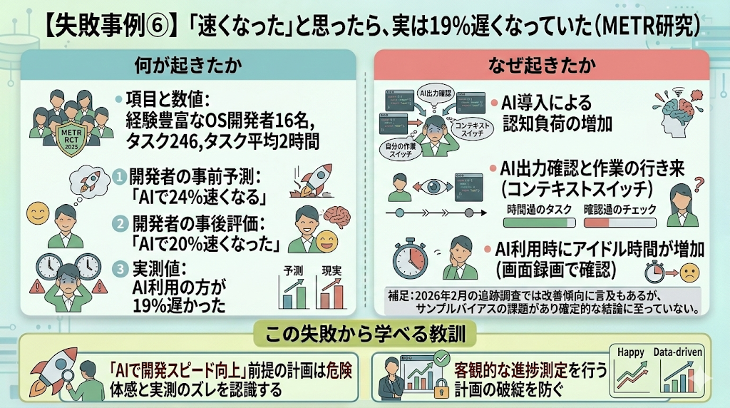 【失敗事例⑥】 「速くなった」と思ったら、実は19%遅くなっていた（METR研究）の解説画像