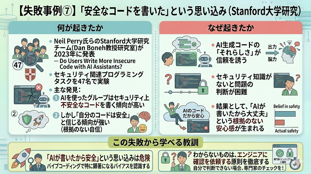 【失敗事例⑦】 「安全なコードを書いた」という思い込み（Stanford大学研究）の解説画像