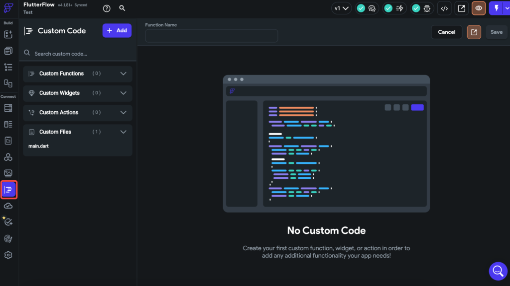 FlutterFlowのカスタムコードの追加画面