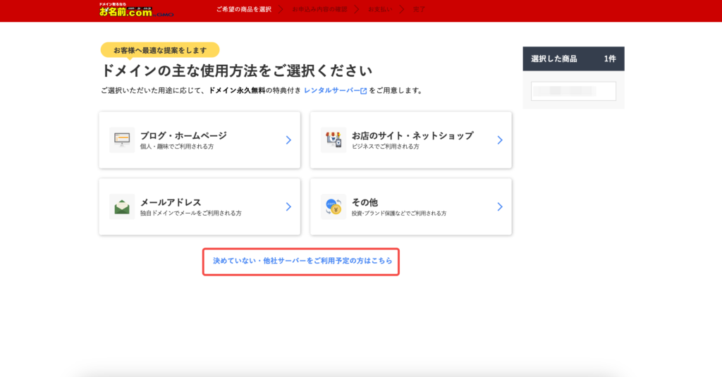 お名前.comのドメイン使用方法選択画面