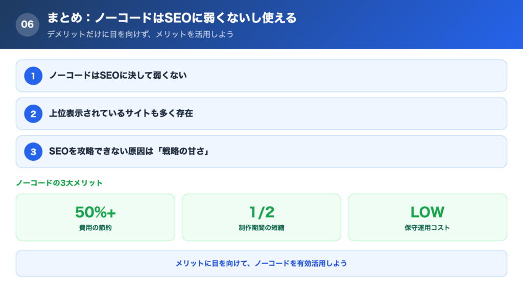 まとめ:ノーコードはSEOに弱くないし使えるの解説画像