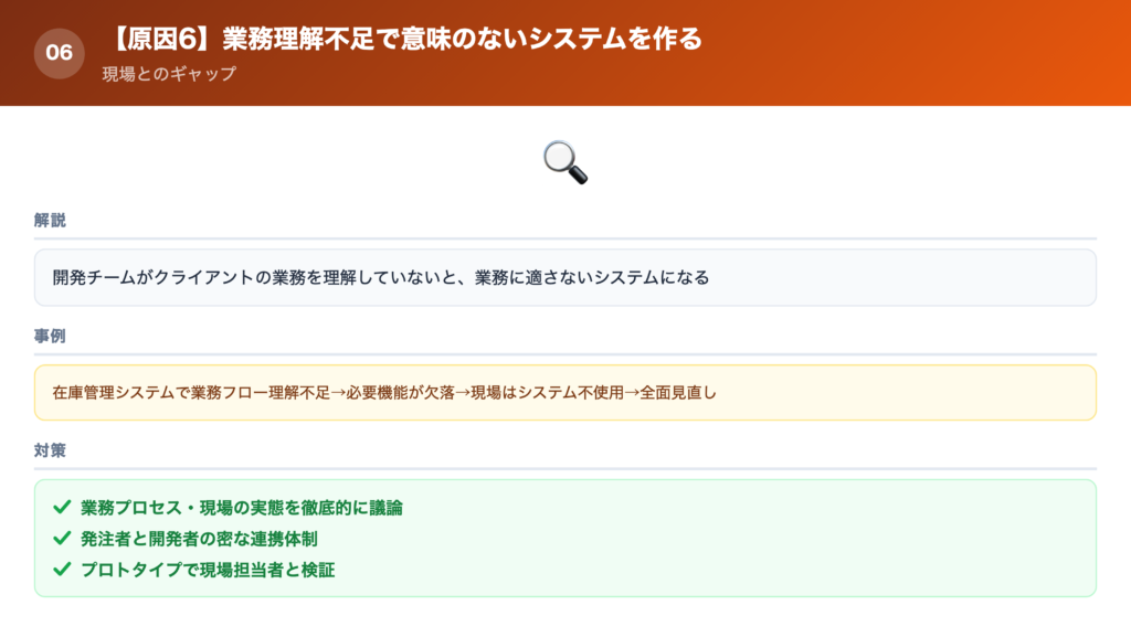 【原因⑥】業務理解が不足しており意味のないシステムを作ってしまうの解説画像