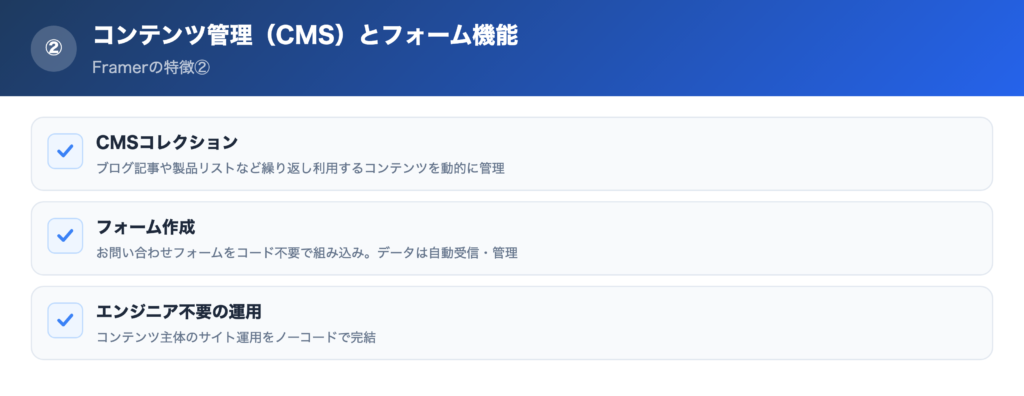 【特徴②】コンテンツ管理（CMS）とフォーム機能の解説画像
